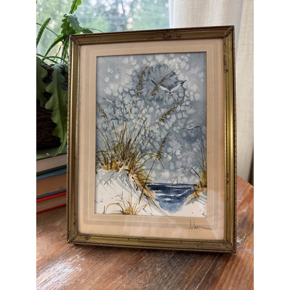 Brass Frame Original Watercolor Painting Coastal Sand Dunes Seagulls Frame